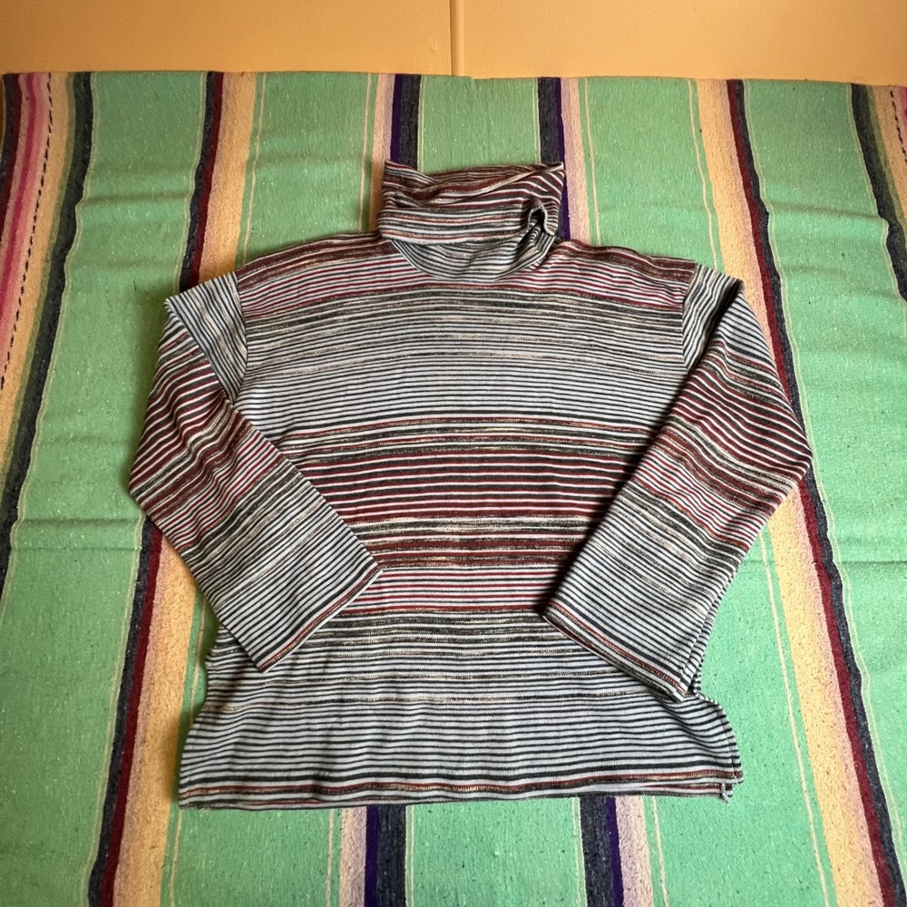 70s Turtleneck Women L Blue Red Striped Vintage Long Sleeve Knit Top